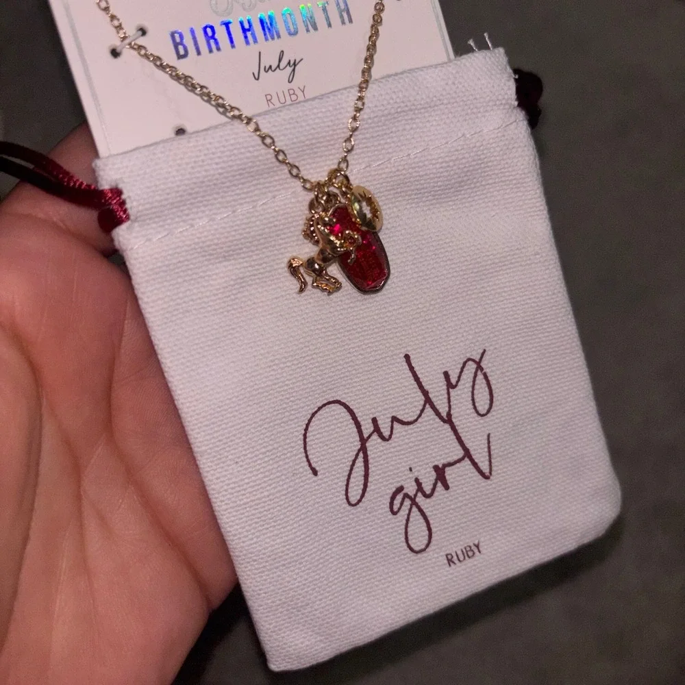 Justice Birthmonth July Ruby Necklace Gold Tone Unicorn Slipper Charms NWT